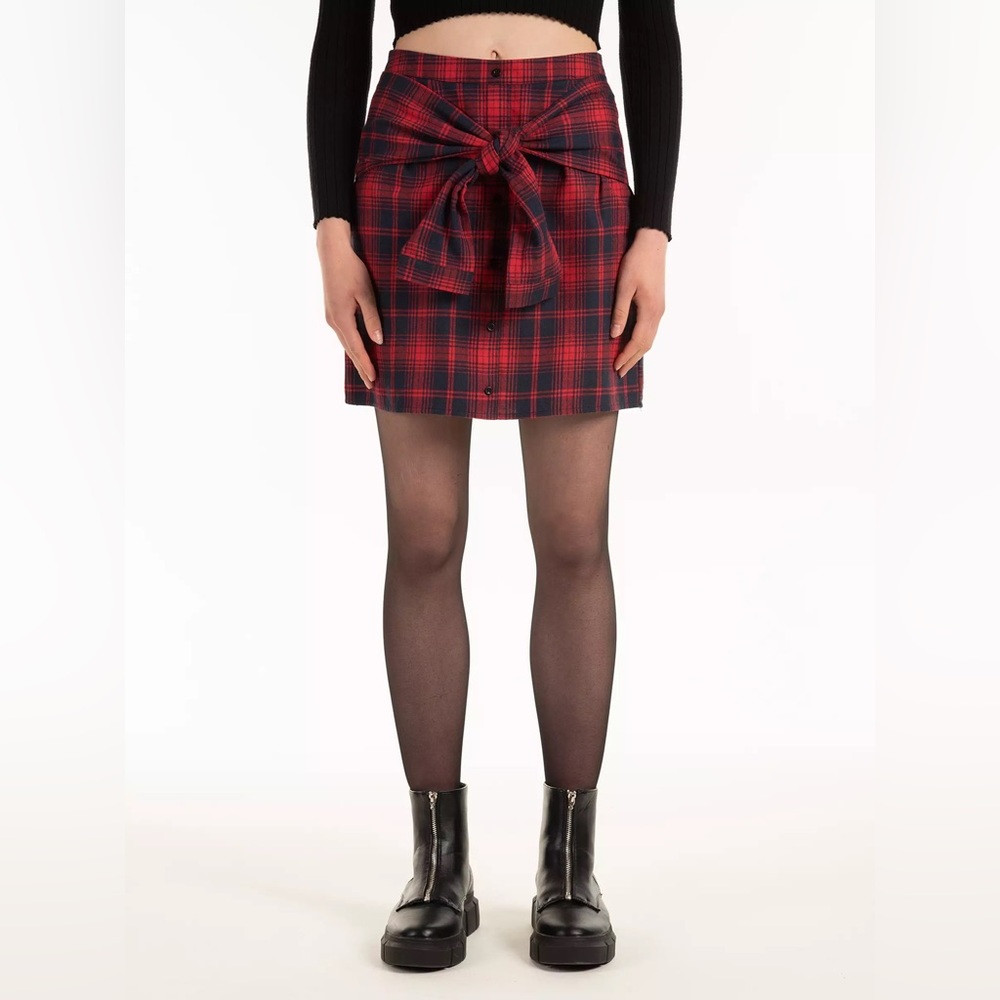 Plaid button down skirt with faux sleeve knot